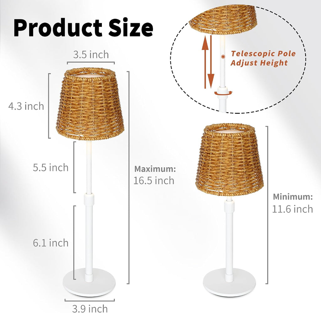 Mr.White Outdoor Waterproof Rechargeable Cordless Table Lamp with Wicker Shade, 5200mAh Battery Operated Table Light with Telescopic Pole, for Patio Restaurant Kitchen (White)
