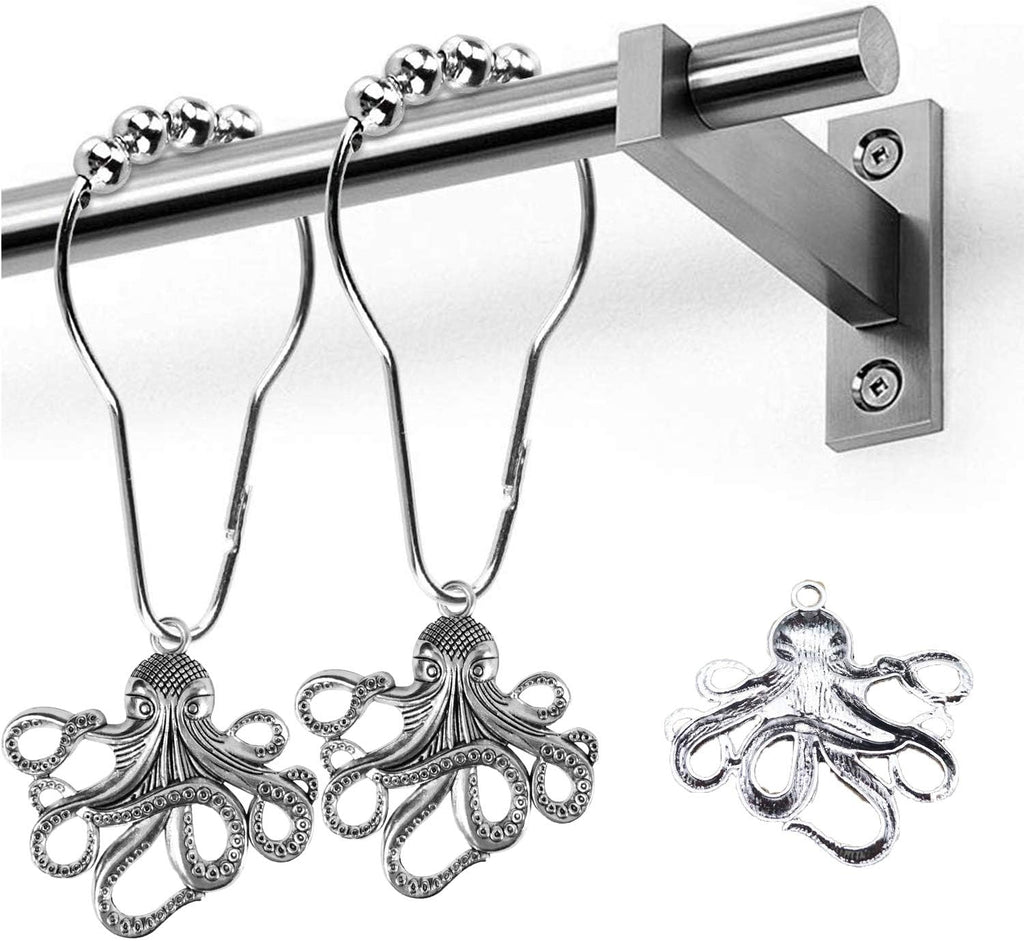 Set of 12 Octopus Shower Curtain Hooks Decorative Home Bathroom Squid Sea Creature Beast Stainless Steel Rustproof Brushed Nickel Rings with Octopus Decorative Accessories (Silver)