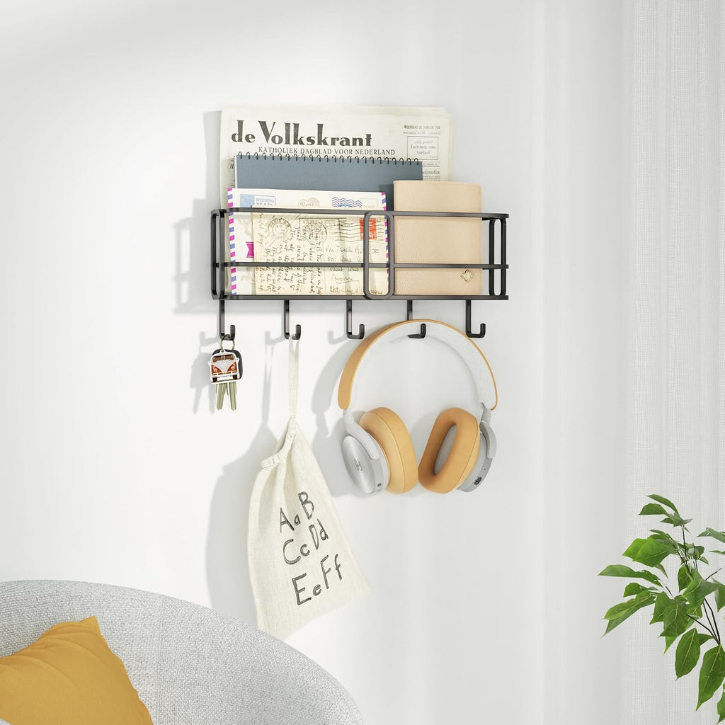 SRIWATANA Key Holder Wall Mount with 5 Hooks, Metal Mail Organizer, Black