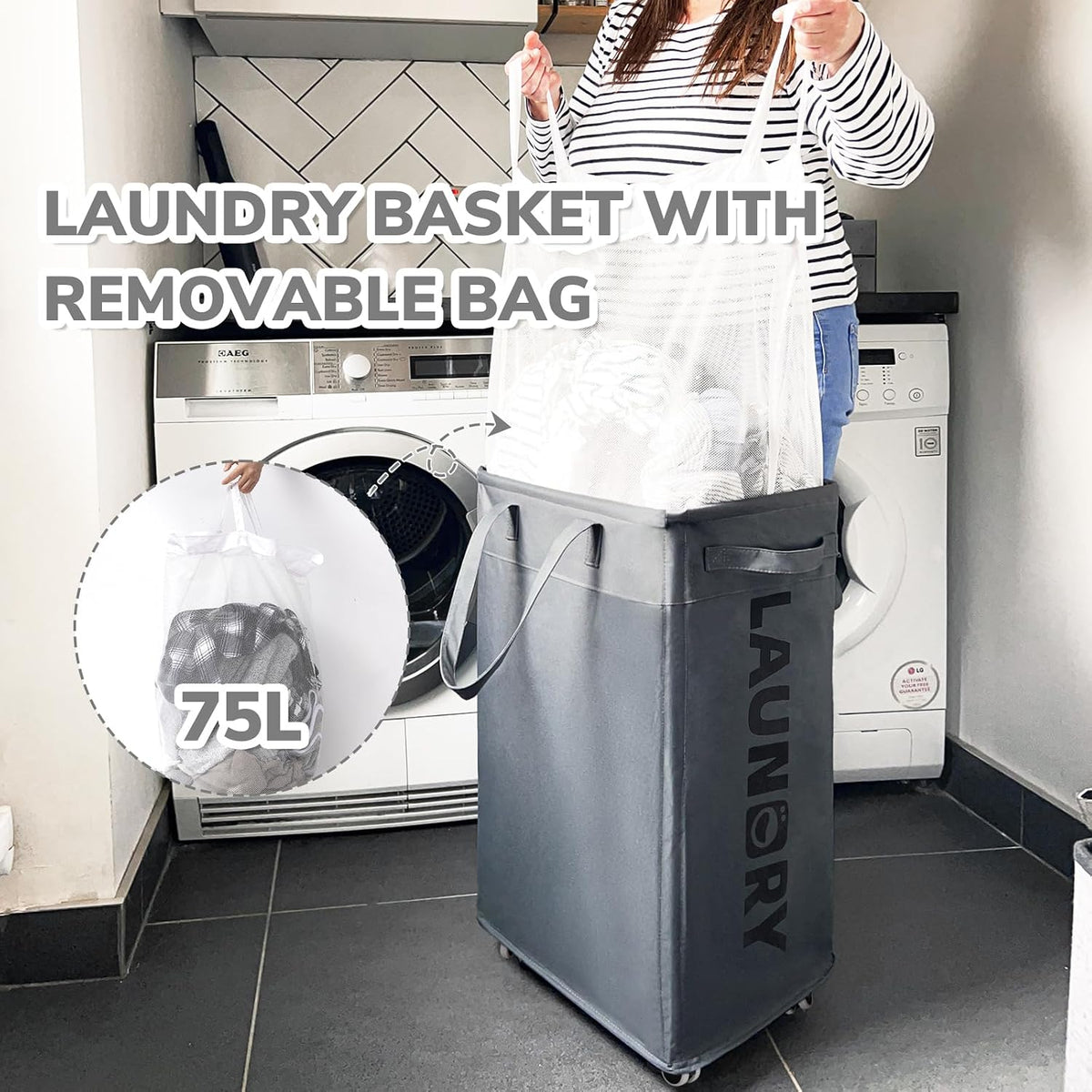 CHICVITA 75L Rolling Laundry Basket with Wheels 2-Pack, Wash Bags, Grey