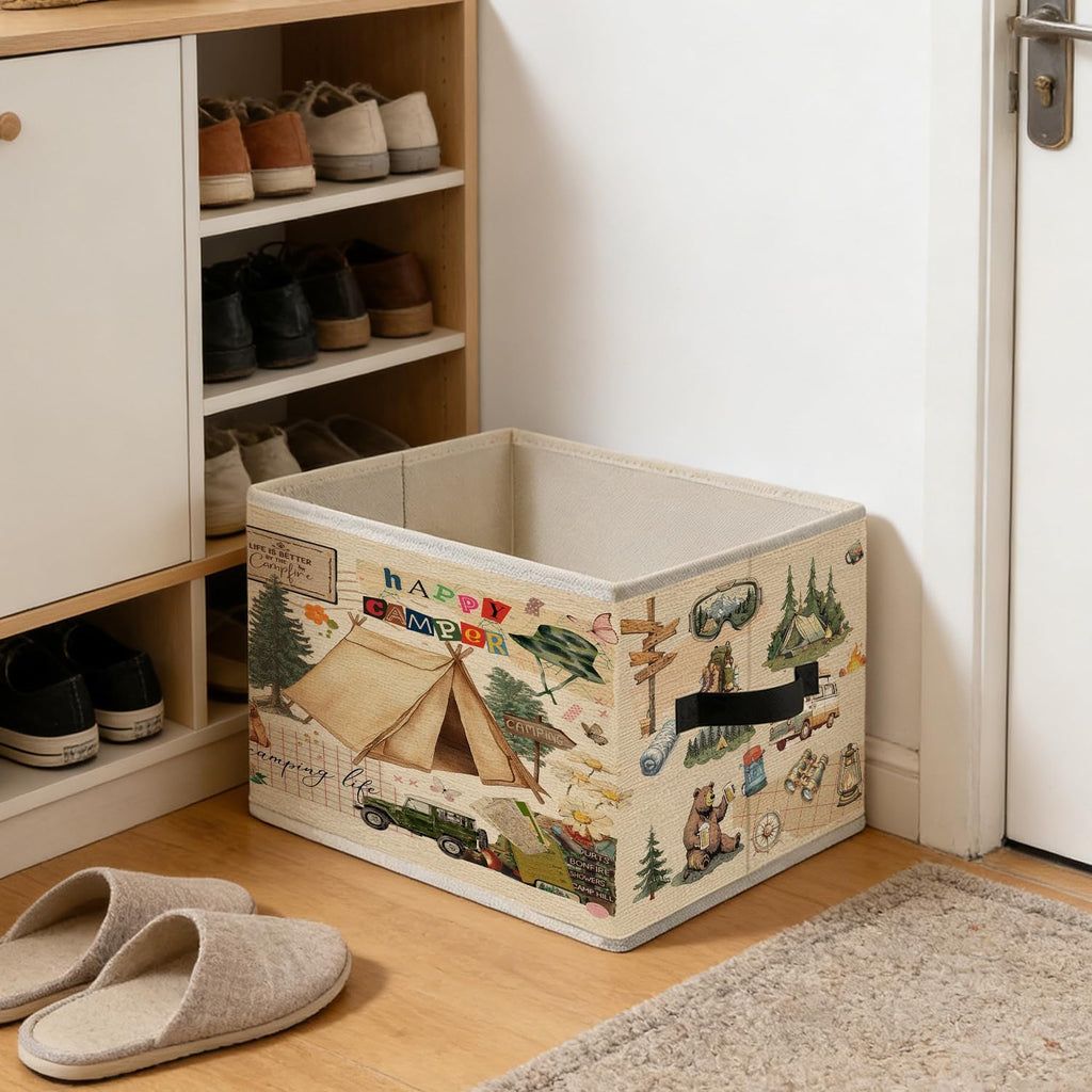 Vintage Camping Storage Bins, Camping Lover Gifts Foldable Closet Organizers Storage Basket Toybox for RV Camper Kids Room Playroom Bedroom Clothes Toys Books