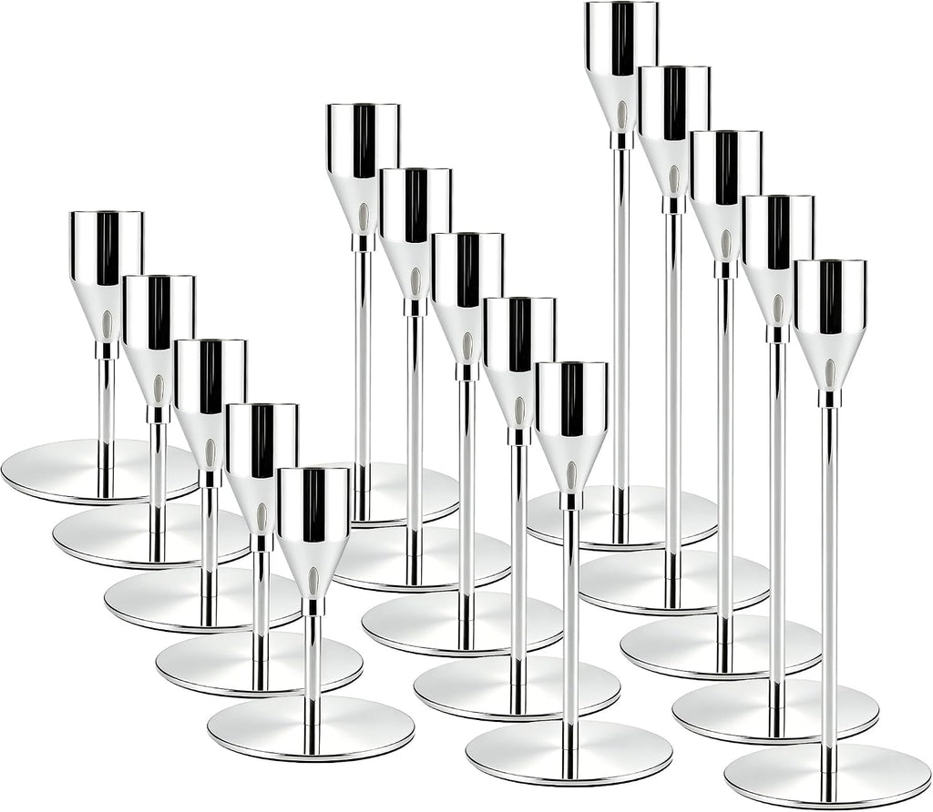 Silver Candlestick Holders,Metal Taper Candle Holders,Bulk Set of 15
