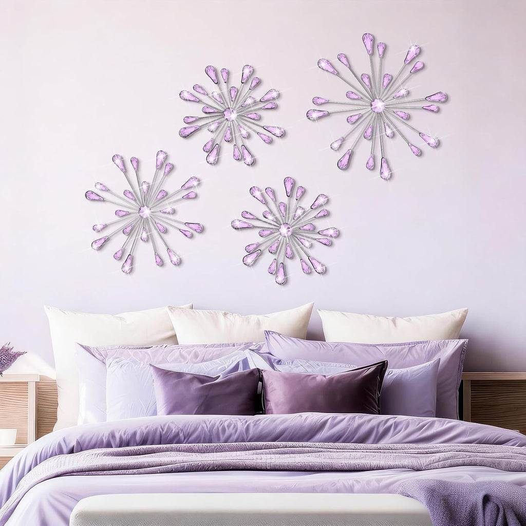 Hicarer 4 Pcs Starburst Wall Decor, Bling Metal Wall Art, Purple