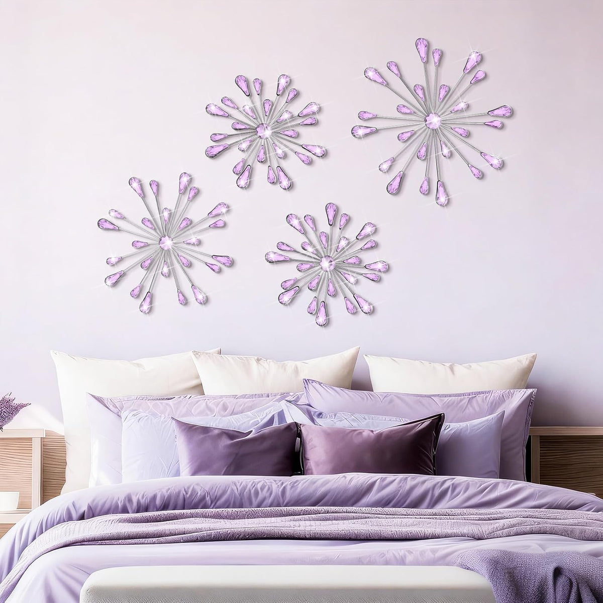 Hicarer 4 Pcs Starburst Wall Decor, Bling Metal Wall Art, Purple