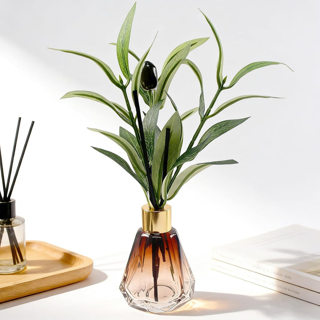 2Pcs Empty Reed Diffuser Brown Glass Bottle Set with Artificial Plant Decor