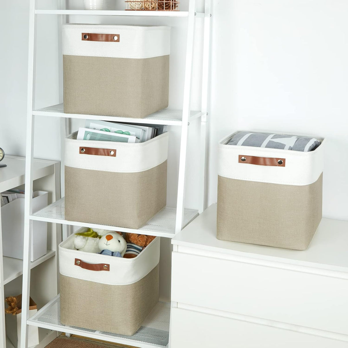Temary Fabric Storage Baskets 12x12 Cube Bins 4 Pack Cloth Baskets for Shelf, Storage Cubes Bins Gift Empty (White&Khaki)