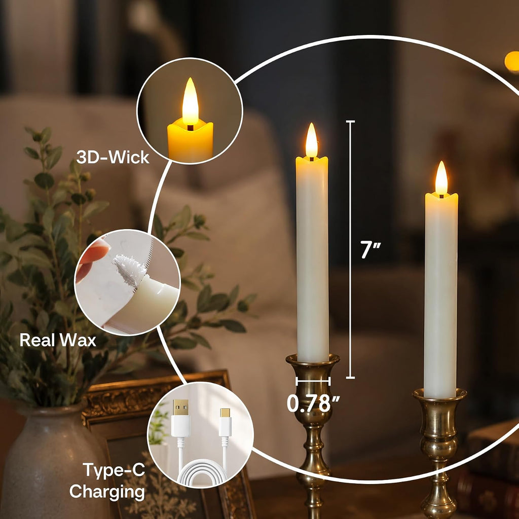 Rechargeable LED Taper Candles with Remote Timer, Flameless Ivory Real Wax Set of 6 with Charging Station, Flickering 3D-Wick Warm Light Candlesticks for Home Decor (0.78" x 7")