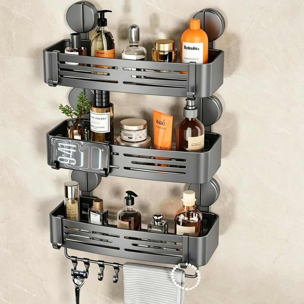 VOLPONE Shower Caddy Suction Shower Shelf No Drilling Shower Organizer Suction Cup Shower Storage Rack Aluminum Wall Mounted Shampoo Holder with Towel Bar Hooks (3-Pack, Matte Gray)