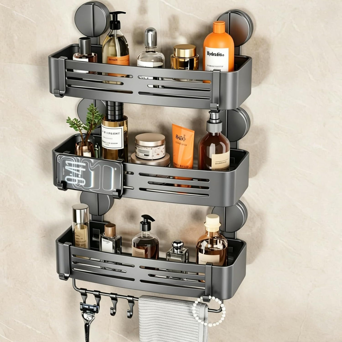 VOLPONE Shower Caddy Suction Shower Shelf No Drilling Shower Organizer Suction Cup Shower Storage Rack Aluminum Wall Mounted Shampoo Holder with Towel Bar Hooks (3-Pack, Matte Gray)