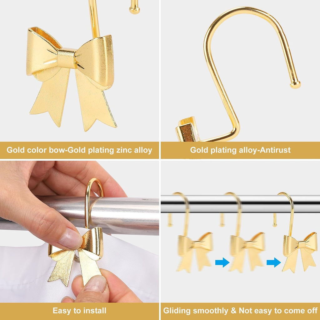 Bow Shower Curtain Hooks, 12-Pack Gold Metal Decorative Bow Knot Rings