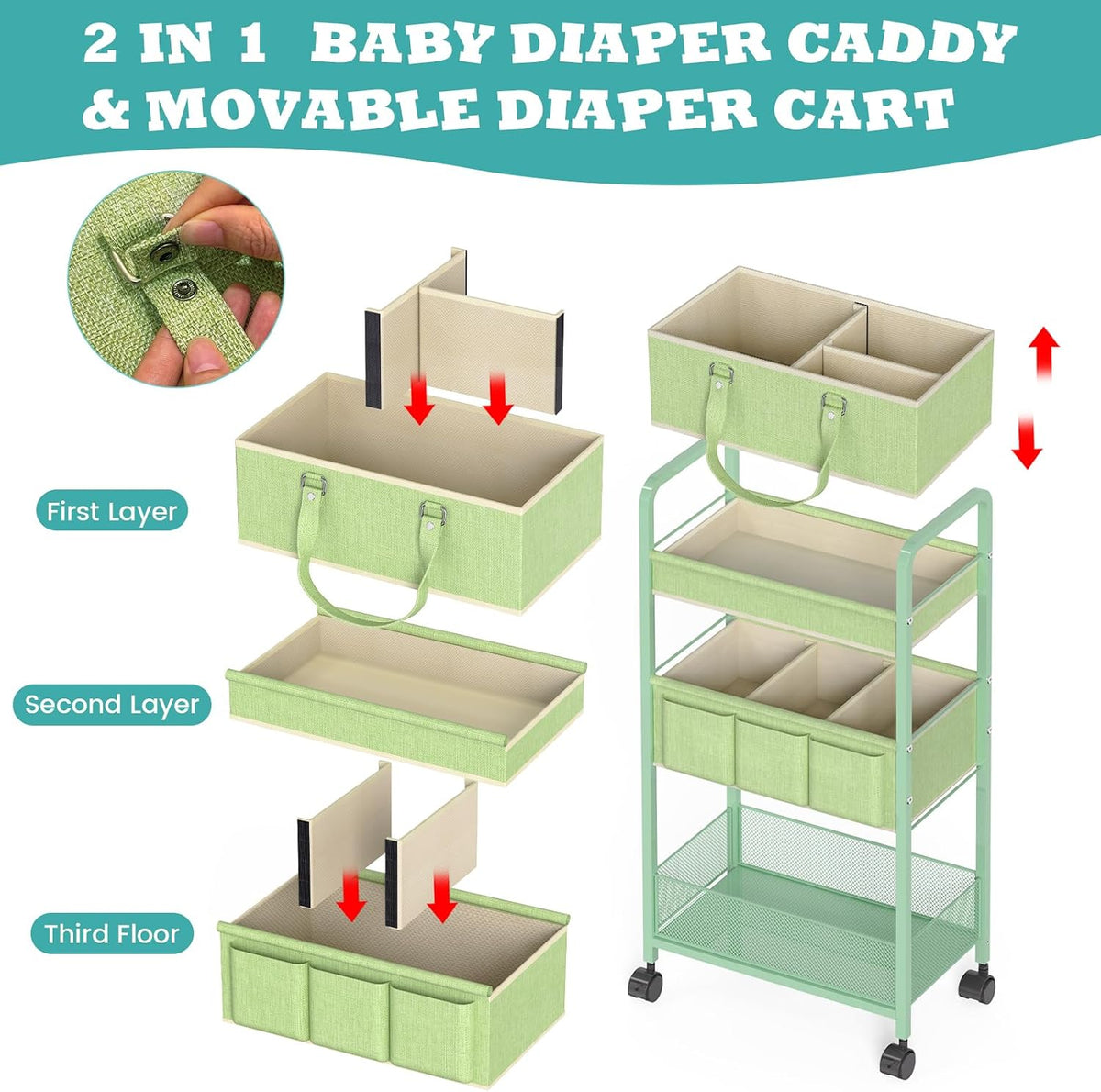 LIDTOP 2in1 Baby Diaper Caddy Organizer Cart, 3-Tier Rolling Cart, Metal Diaper Caddy Carts, Bedside Carts for Nursery Essentials Storage, Detachable Dividers, Large Capacity, Green