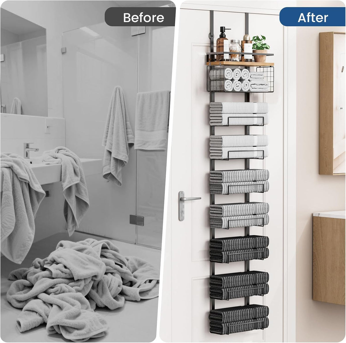 Aetyord Towel Racks for Bathroom Over The Door Towel Racks Towel Storage Organizer with Metal Shelf Basket for Bathroom Rv Camper (9-Tier Black with Wood Plank)