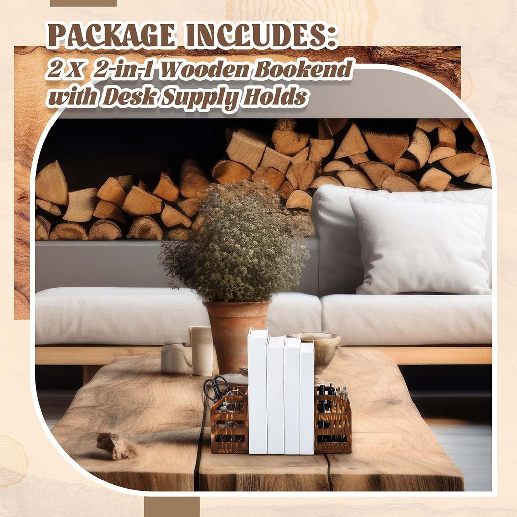 1 Pair 2 in 1 Rustic Burnt Wooden Bookend with Coated Metal Desk Supply Holds Non Skid Desktop Book Ends Pen Holder Pencil Cup Stationery Storage Bins Book Stopper for Home Office Dorm Room