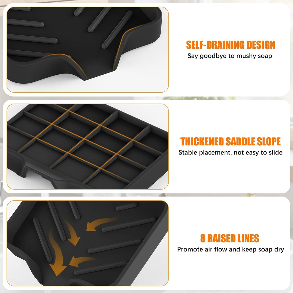 2 Pack Silicone Soap Dish, Self Draining Soap Dish 4.7"×3.9" Black