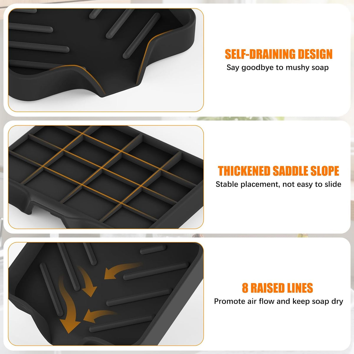 2 Pack Silicone Soap Dish, Self Draining Soap Dish Black&Beige