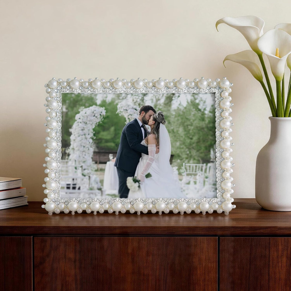 DIKAR 6x8 Wedding Picture Frame, Pearl and Diamond Ornate, Gold Edge