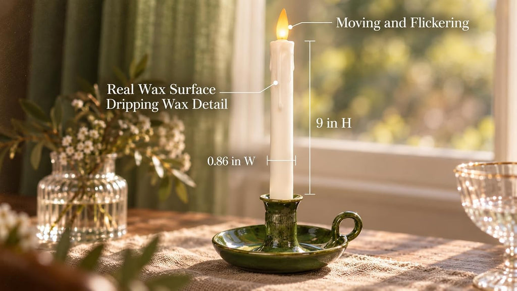 Dripping Flameless Taper Candles Flickering with Remote and Timer, 3D Moving Flame Taper Candle Battery Operated to 400 Hours, 9 Inch Window Candles. (White, 9in)