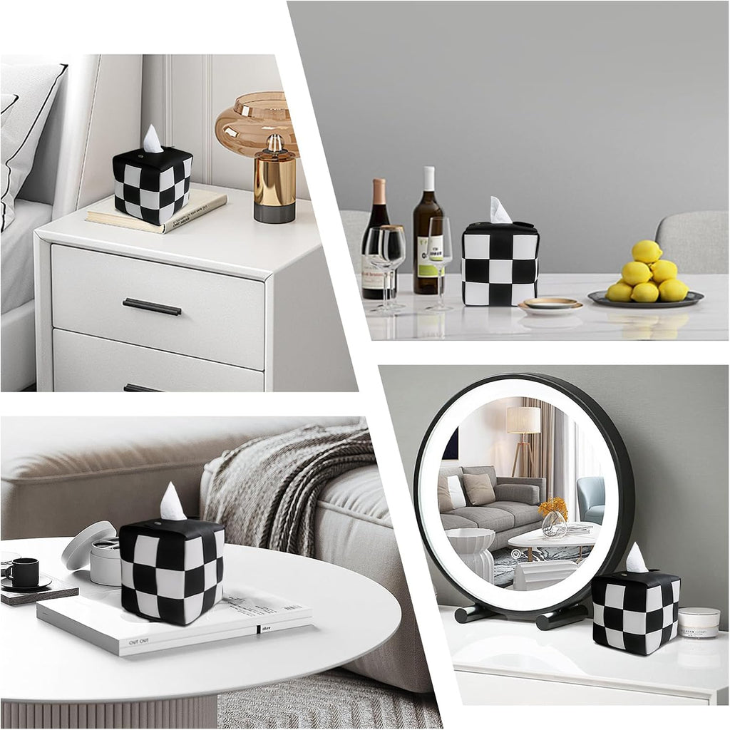 MSJGA Tissue Box Cover, Square PU Leather Tissue Box Holder with Metal Buckle, Checkered Tissue Box, Decorative Organizer for Bedroom, Vanity Desk, Nightstand, Bathroom, Office (Black)
