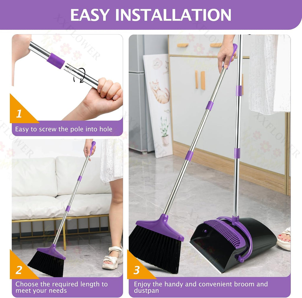 Broom and Dustpan Set with Long Handle, Light Weight Stainless Steel Poles Stand Upright Dustpans with Broom Combo for Home Kitchen Office Pet Dog Hair, 1-Pack (Purple)