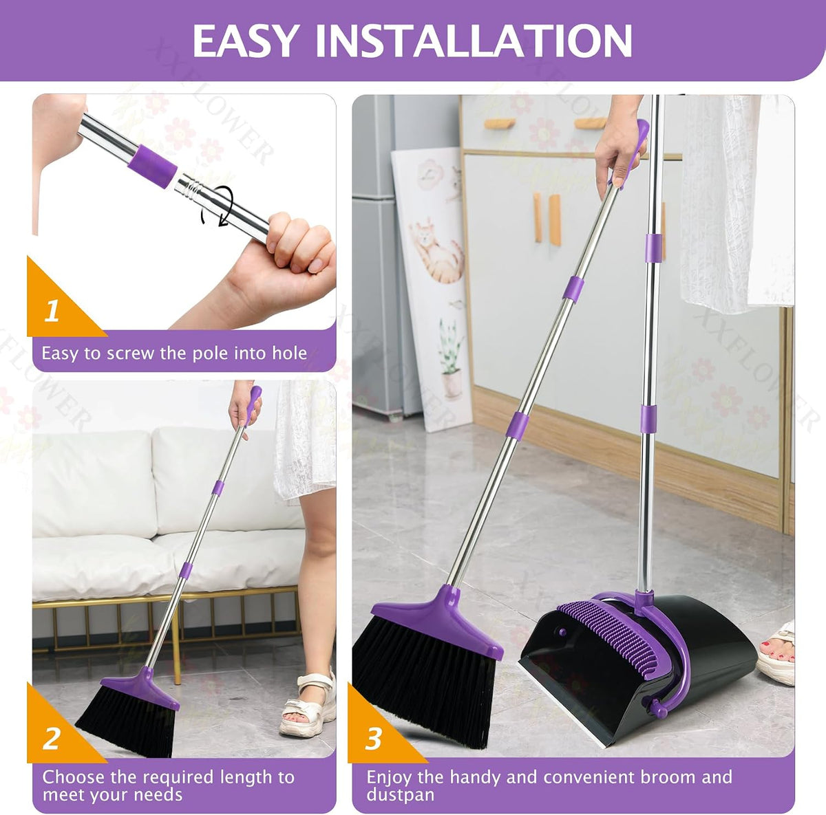 Broom and Dustpan Set with Long Handle, Light Weight Stainless Steel Poles Stand Upright Dustpans with Broom Combo for Home Kitchen Office Pet Dog Hair, 1-Pack (Purple)