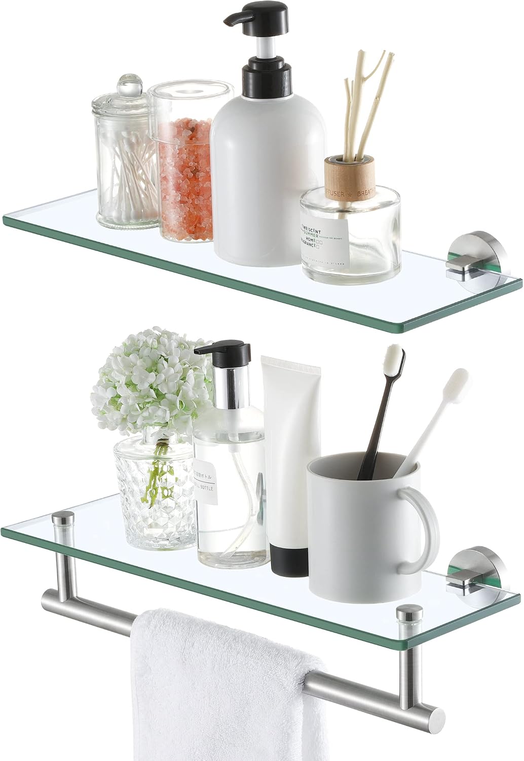 KES Glass Shelves for Bathroom, 16" Glass Floating Bathroom Shelf with Bar