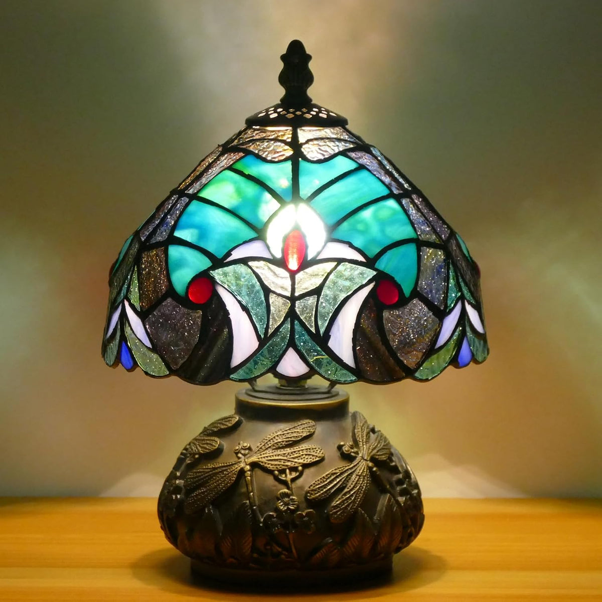 Small Tiffany Mushroom Table Lamp Green Liaison Style W8H11 Inch