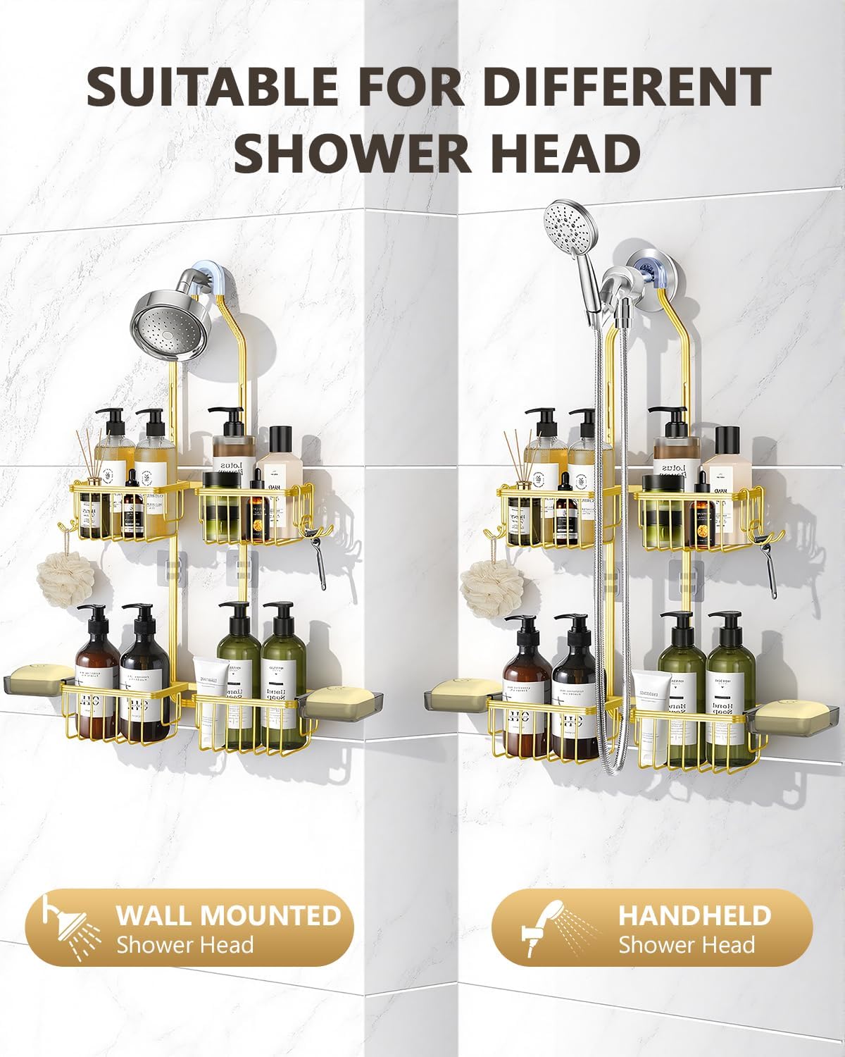 Adjustable Shower Caddy Hanging - Never Rust Shower Organizer Hanging, Aluminum Shower Racks for Inside Shower - Bathroom Organizers and Storage with 2 Soap Holders and 2 Removable Hooks Gold