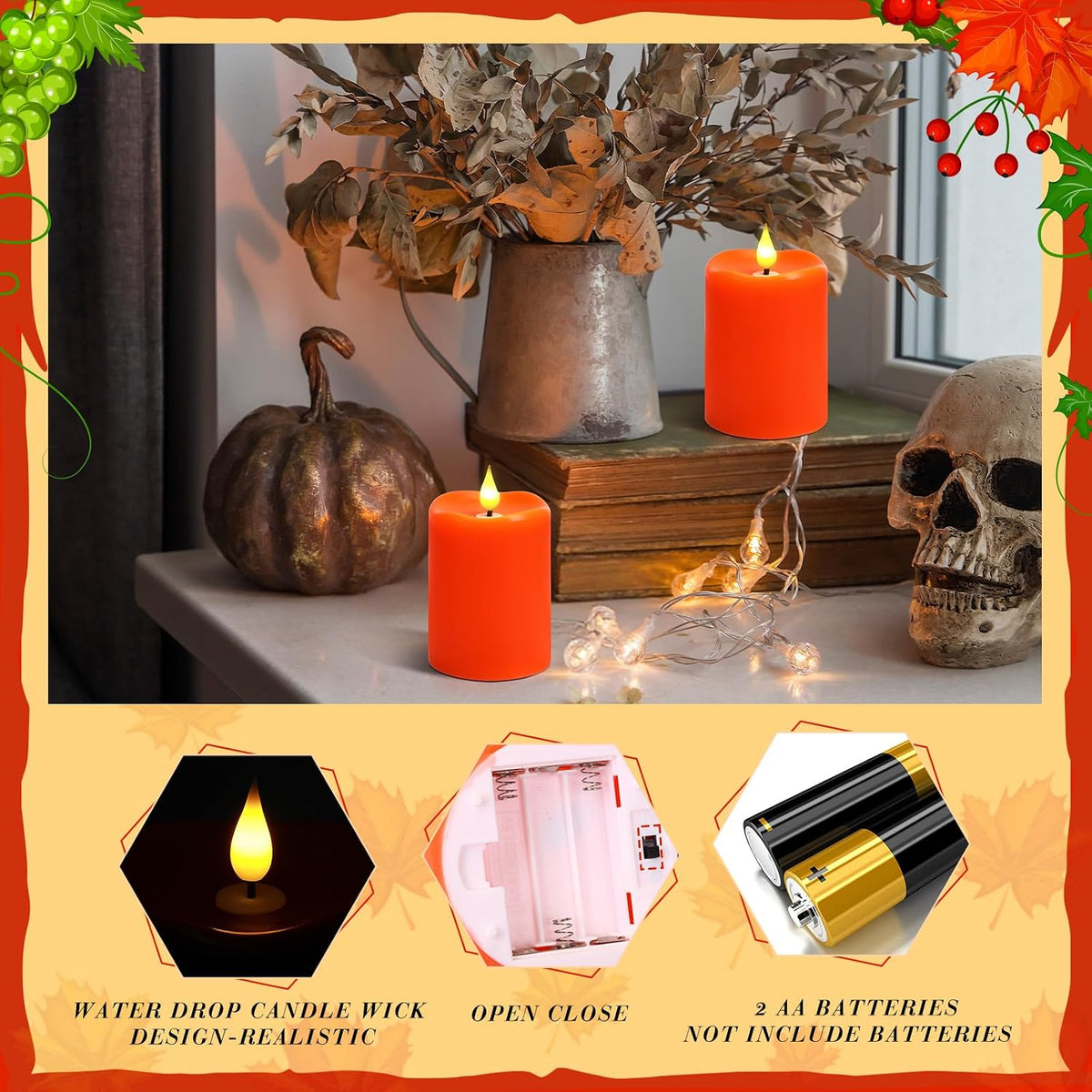 Retisee Flameless LED Candles Real Wax, 4 Pcs, Orange, 3 x 4 in