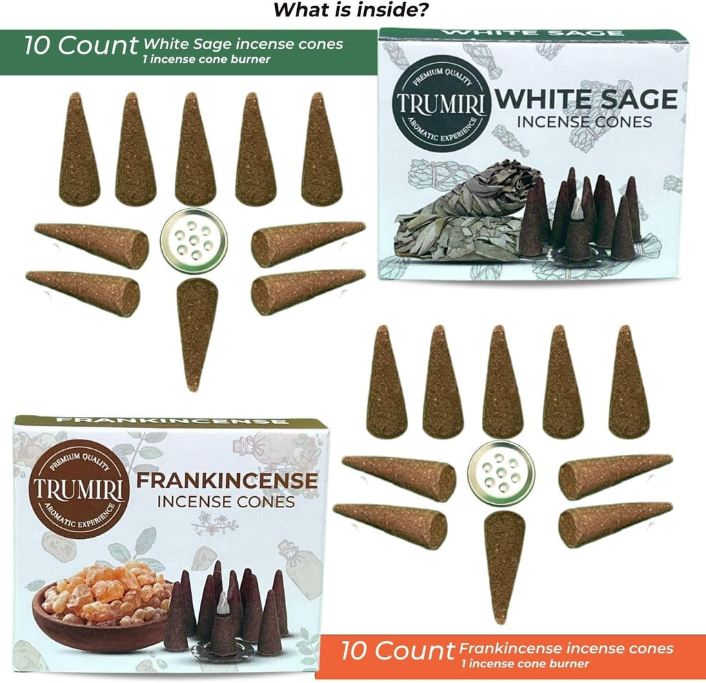 TRUMIRI Incense Cones - Combo Pack of 20 Cone Incense - 10 Frankincense + 10 White Sage