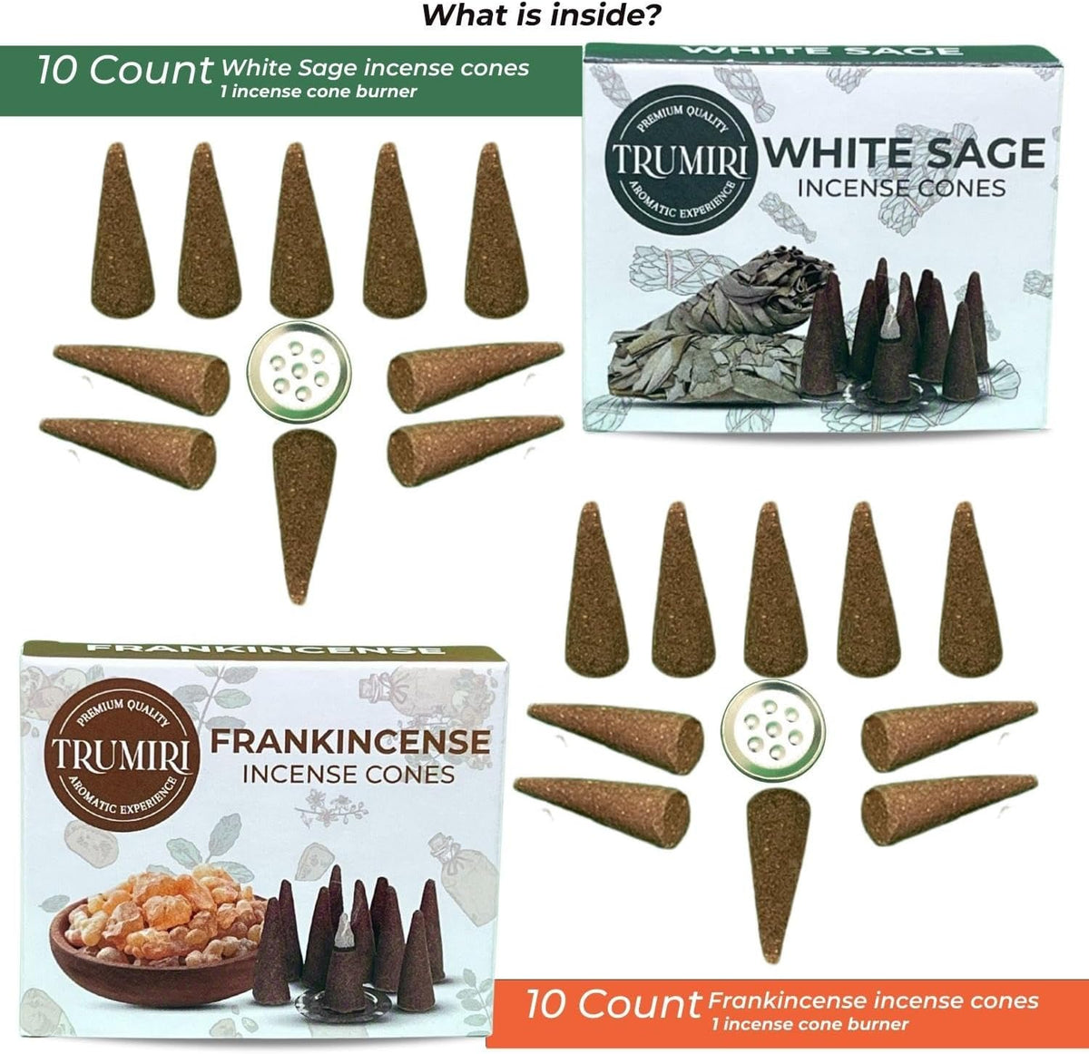 TRUMIRI Incense Cones - Combo Pack of 20 Cone Incense - 10 Frankincense + 10 White Sage