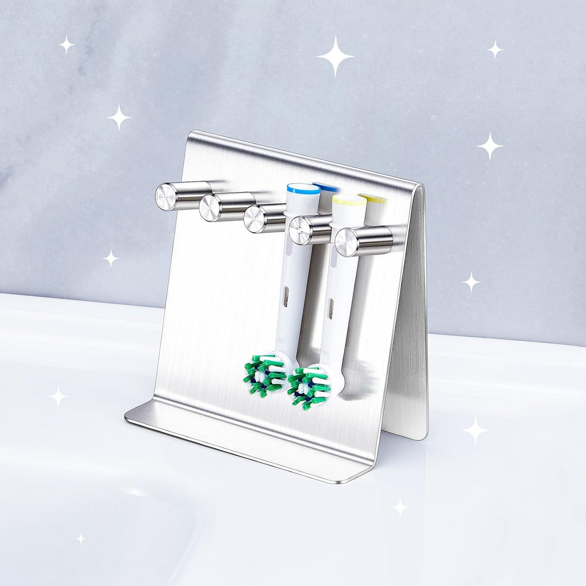 Electric Toothbrush Head Holder, Self Adhesive or Desktop Tooth Brushing Holder, Wall Mounted Toothbrush Holders Shower Bathroom, Tooth Brush Holder Organiser (Silver, Medium)