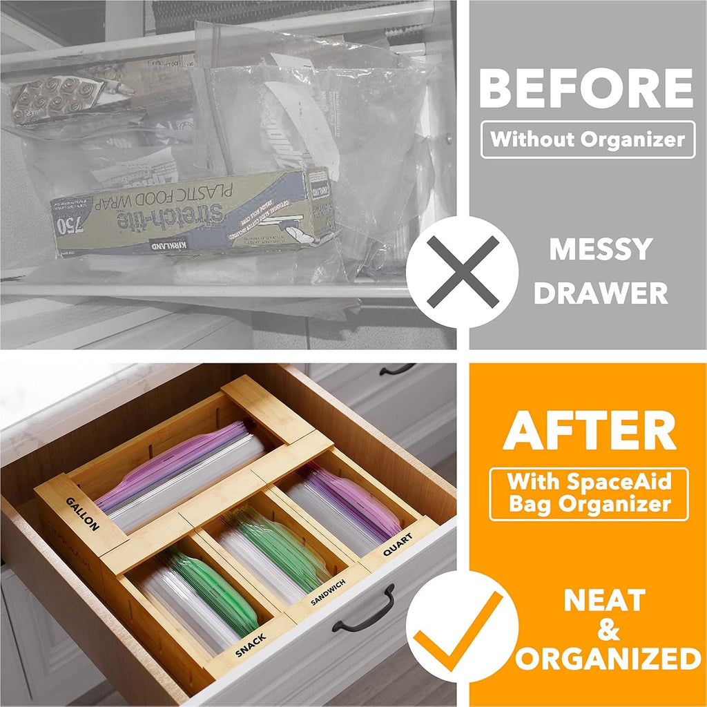 SpaceAid Bamboo Drawer Dividers with Inserts and Labels, 4 Dividers with 9 Inserts (17-22 in), Bag Storage Organizer (4 Pack)