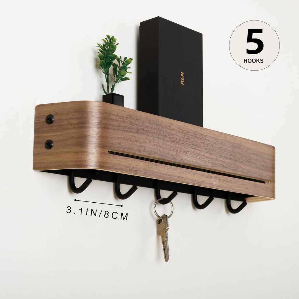 Key Holder Wall Mount with Shelf | 17 inch | Walnut