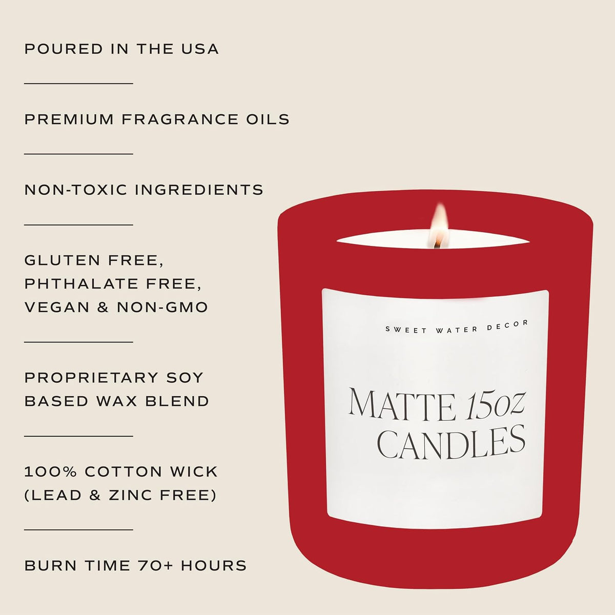 Sweet Water Decor Love You Scented Candle Gift, 15oz Red Matte Jar, Soy Wax