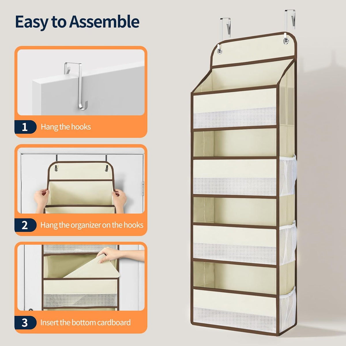 Yecaye Over The Door Organizer, Heavy Duty Hanging Organizers and Storage with 4 Large Capacity Pockets, Swing-Proof Behind The Door Storage for Bathroom Nursery Bedroom Dorm Closet, Beige,1Pc