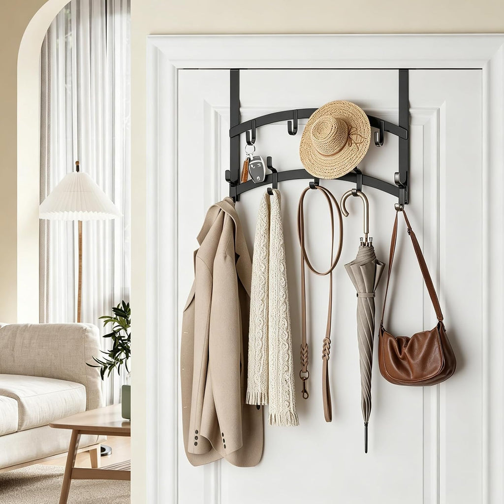 Consumest Over the Door Hooks Organizer - 2 Tier Door Hanger with 14 Hook Heavy Duty Stainless Steel for Towels, Coats, Jackets & Bags, Towel Rack for Bathroom Bedroom, Fits Up to 1.77" Doors, Black