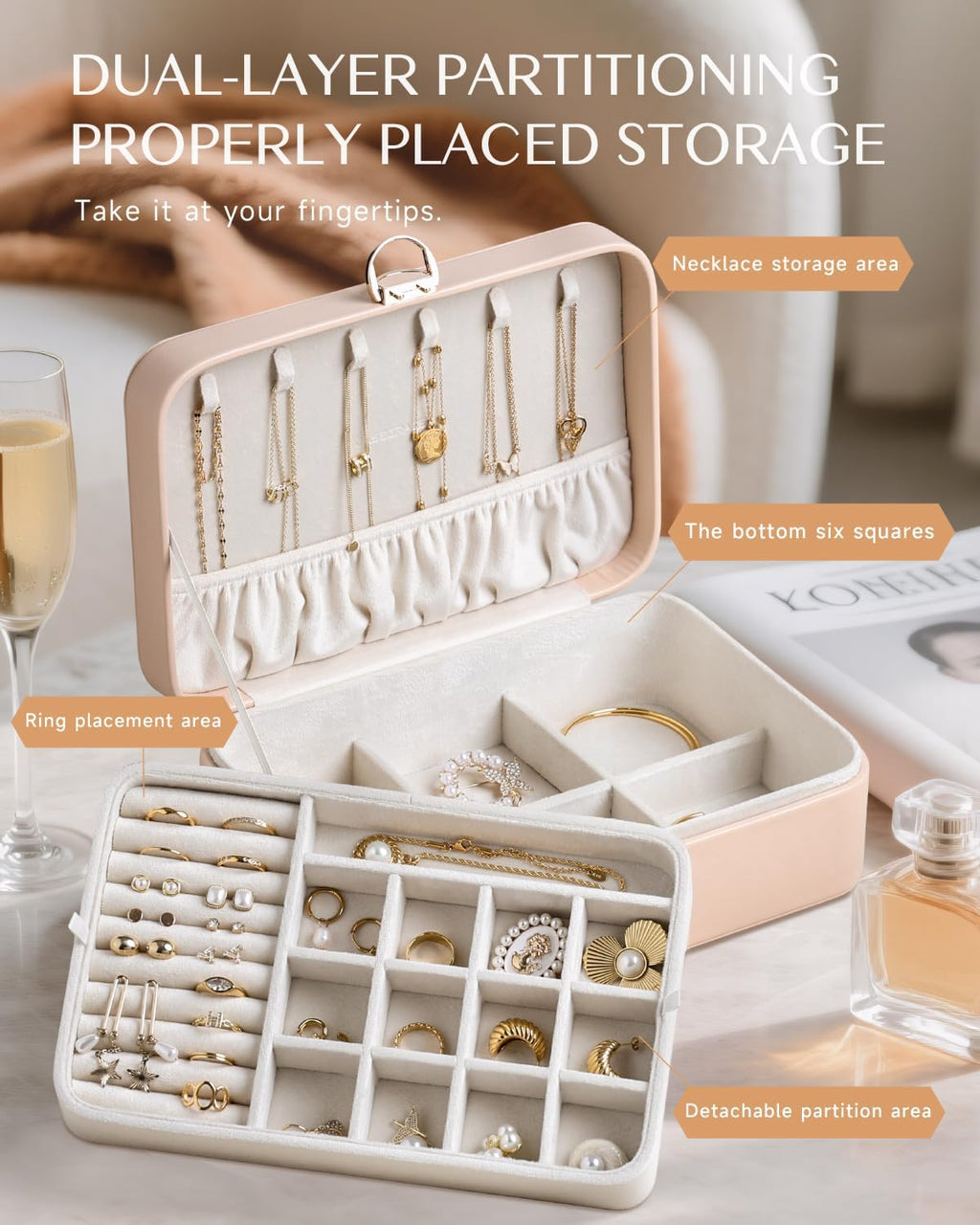 CASEGRACE 2-Layer Jewelry Box with Removable Tray, Portable Jewelry Organizer for Earrings Necklaces Rings, Gift for Women Girls on Birthday Valentine's Day (Amber powder)