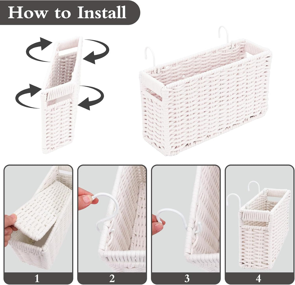 Cotton Rope Woven Bedside Caddy for Dorm Bed, Foldable Bedside Shelf Bunk Bed Accessories, College Dorm Room Essentials Hanging Organizers Storage Basket, Room Decor Magazine File Holder (White)