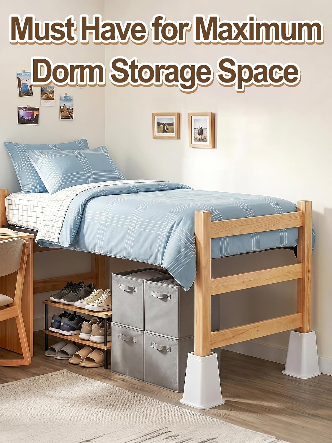 Bigmeta 8" Stable Bed Risers for Dorm Twin XL - White, 4 Pcs