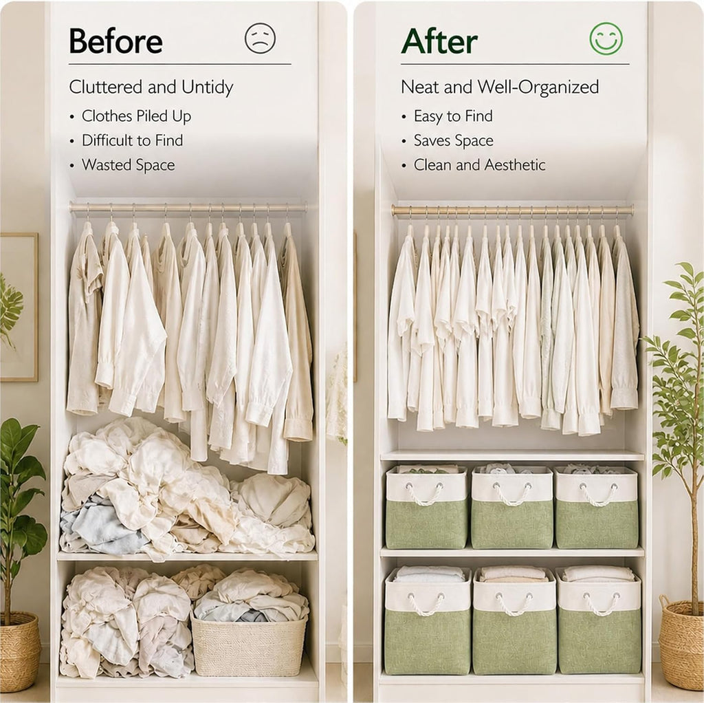 Fabric Storage Cubes 13 x 13, Collapsible Storage Bins for Shelf Baskets, Cube Storage Organizer White Green Bins with Cotton Handles, Foldable Storage Bin box, Cube Storage Bin 6 Pack