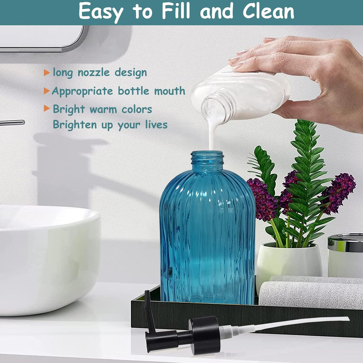 YYTSGG Blue Glass Soap Dispenser Set with Black Pump, 13.5oz