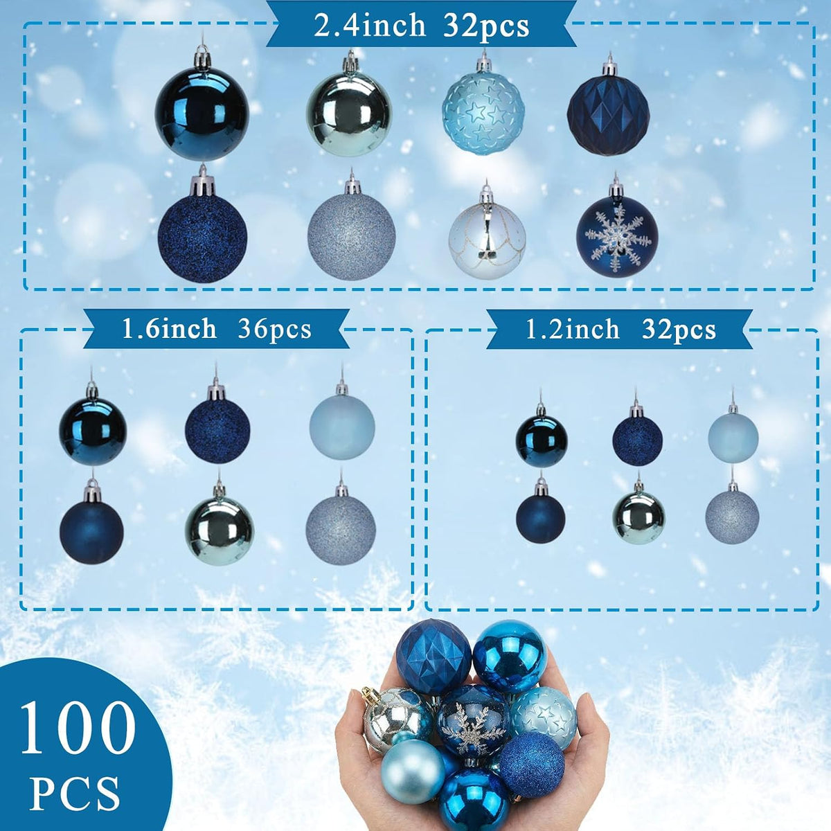 DOMESTAR 100 PCS Shatterproof Blue Christmas Ornament Set