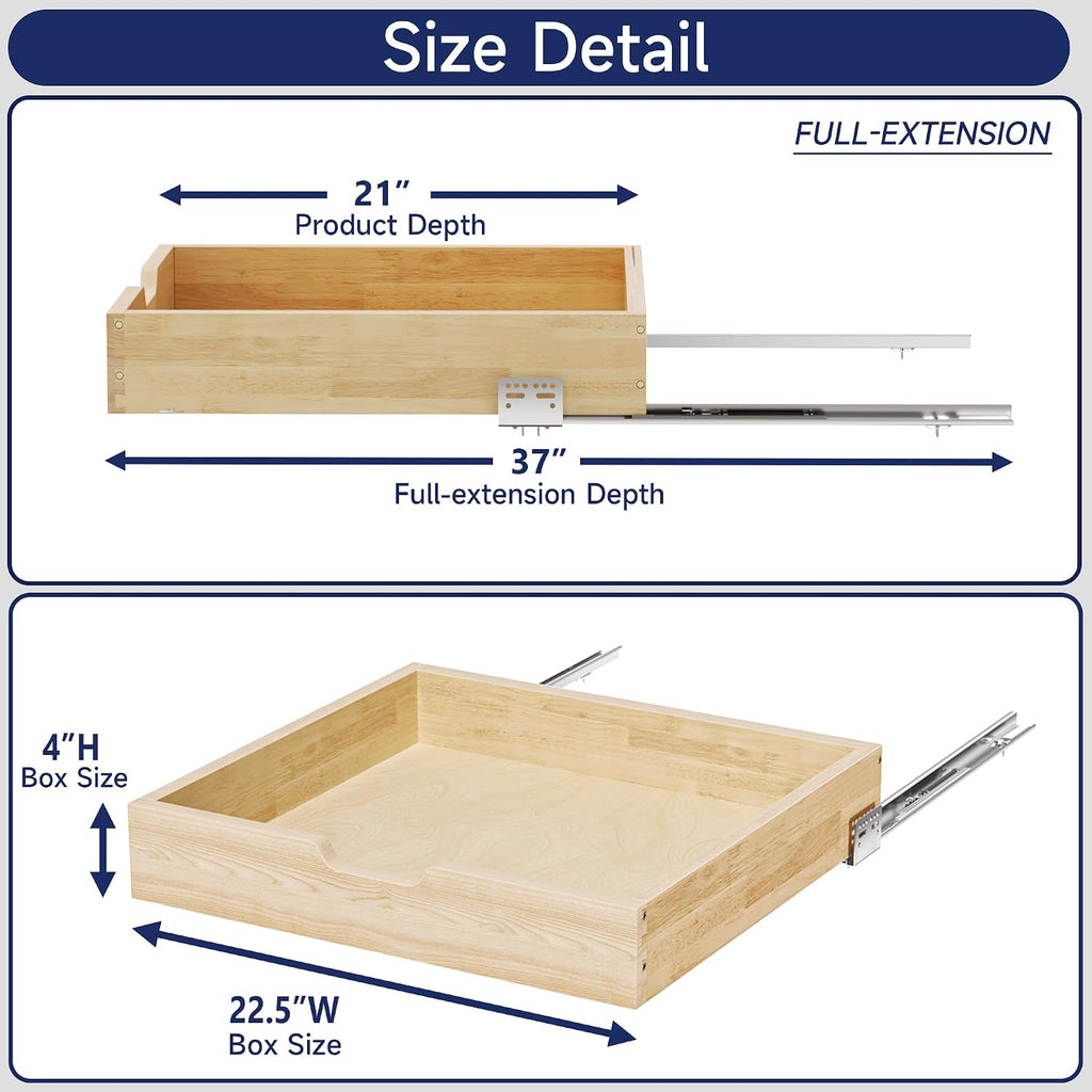 Pull Out Cabinet Organizer, 22.5 in W x 21 in D Solid Wood Slide Out Drawer, Soft Close Sliding Shelf, Bottom or Side Mount for Kitchen Pantry Bathroom, Fits 23.5 in Cabinet Opening