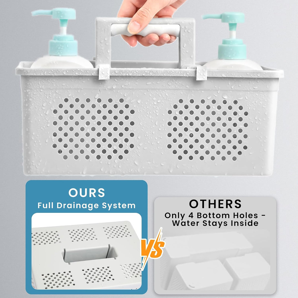 KMV Portable Shower Caddy Dorm: Features handles and adjustable compartments，Ventilation and Drainage Hole Design Cleaning Basket，ideal for toiletries， Essential for college dorms-gray