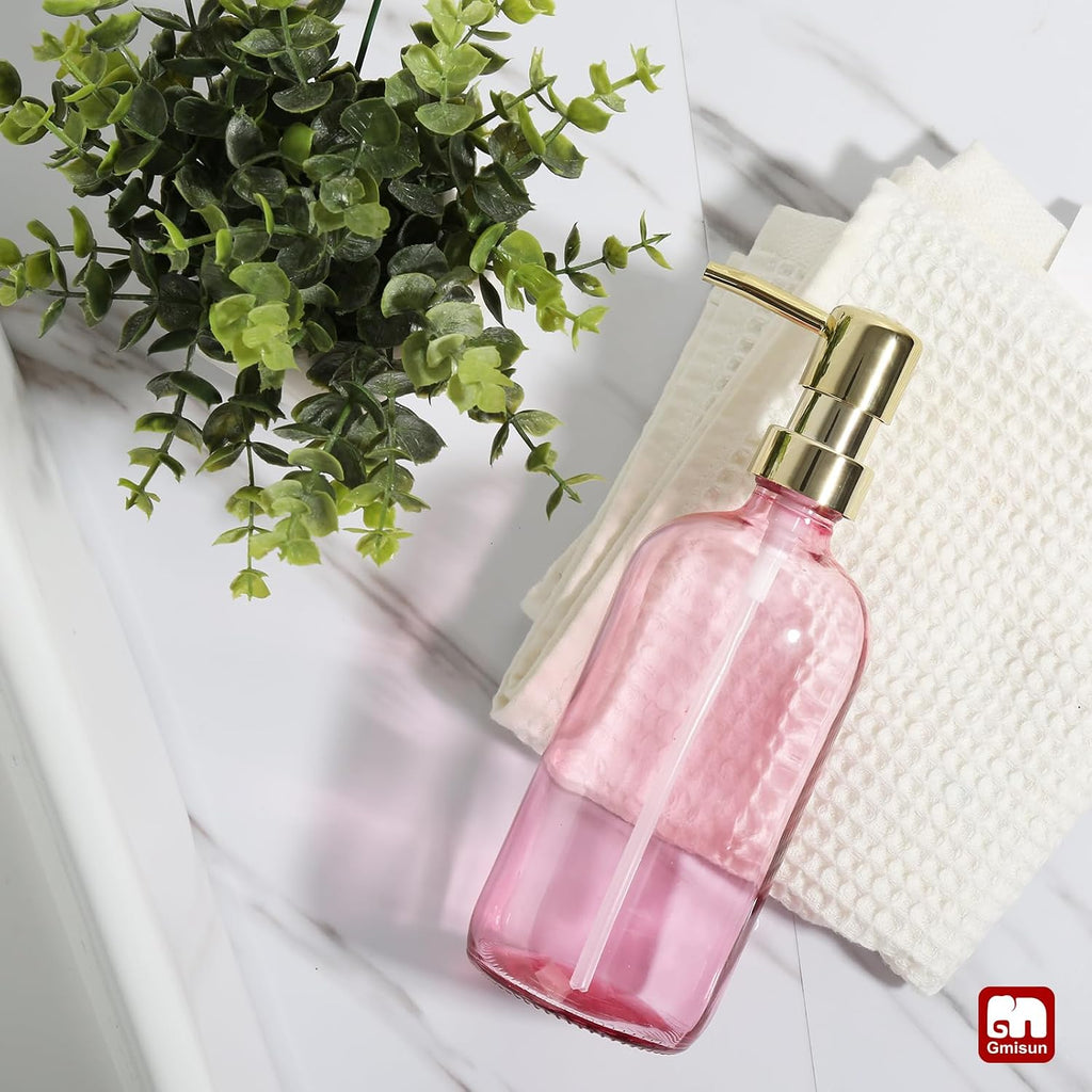 GMISUN Pink Soap Dispenser Bathroom, 1 Pack Glass Dish Soap Dispensers for Kitchen with Rustproof Plastic Gold Pump, 17 Fl Oz Bathroom Hand Soap Dispenser, Modern Liquid Dishwashing Dispensers Bottle