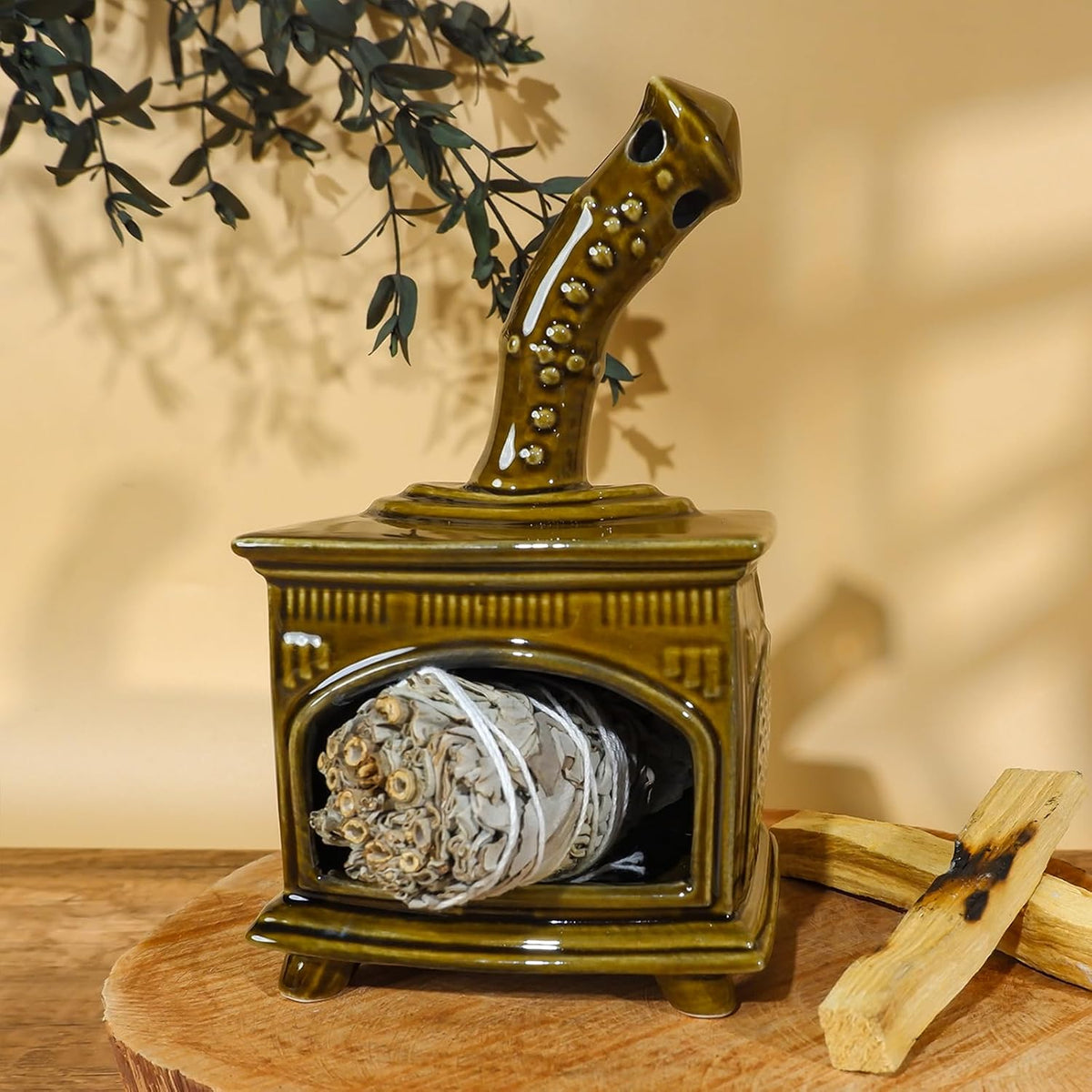 MOUGIGI Handcrafted Dark Green Ceramic Palo Santo Holder & Incense Burner