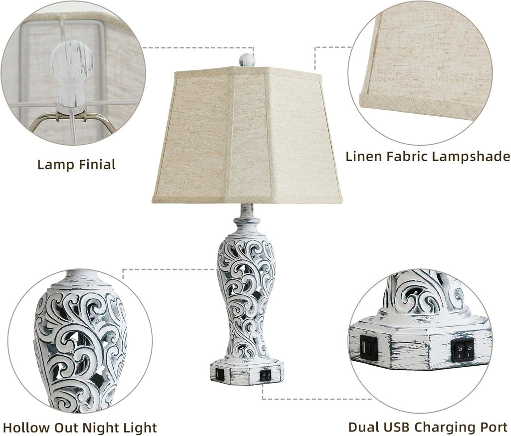 25'' Farmhouse Table Lamps Set of 2 for Living Room with USB C+A