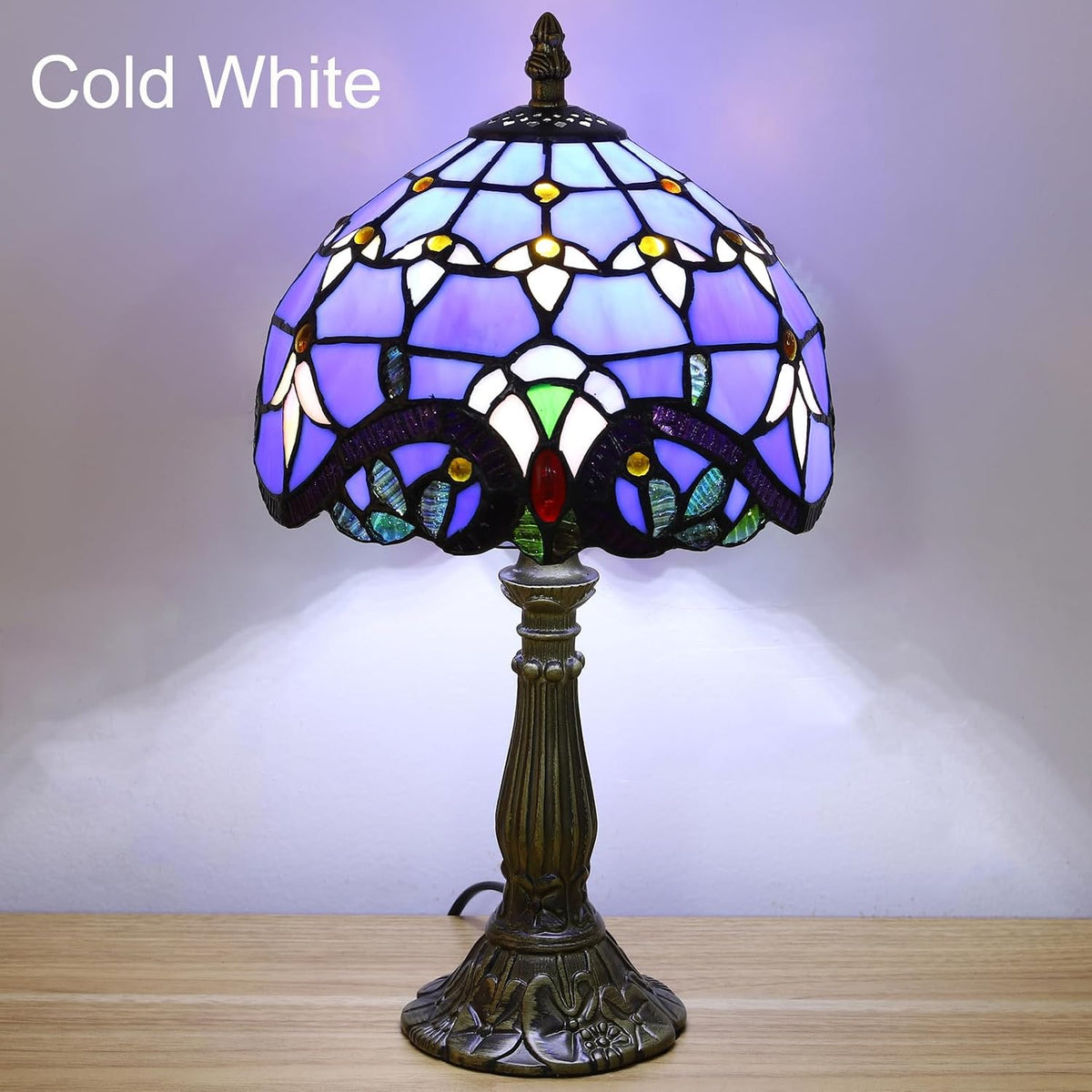 Tiffany Style Table Lamp, Blue Baroque Style Stained Glass Lamp, 8 Inch Small Antique Lamp, for Bedside Nightstand Bedroom Living Room Home Office, Include LED Bulb