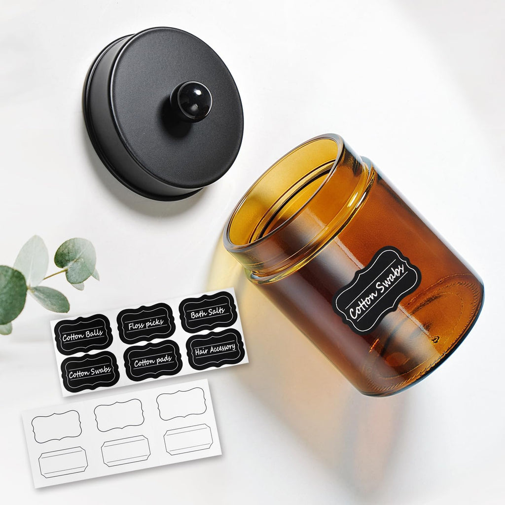 Amolliar Amber Glass Apothecary Jars Qtip Holder w/Metal Lids,Black 6pc