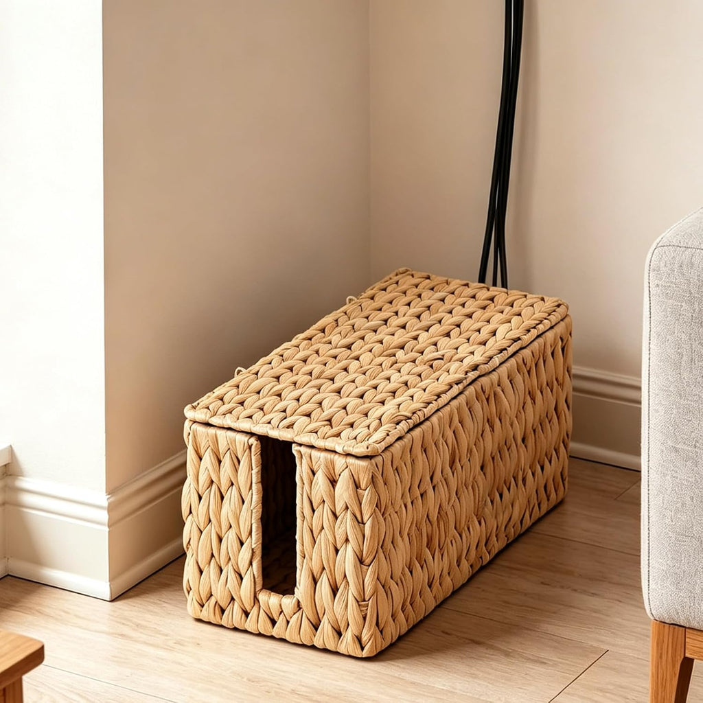 Cable Management Box Set of 2, Cord Organizer for Power Strip | Handwoven Water Hyacinth Storage Basket with Reinforced Metal Frame, Decorative Home Organizer for Desk & Office